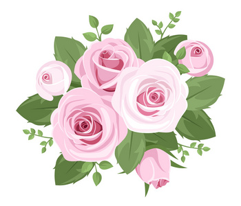 粉红玫瑰 玫瑰花苞和叶子。矢量插画