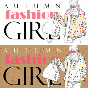 秋季矢量插画与分支一件夹克的时尚女孩