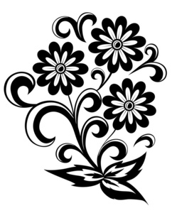 黑色和白色抽象花与叶和旋涡孤立在白色背景