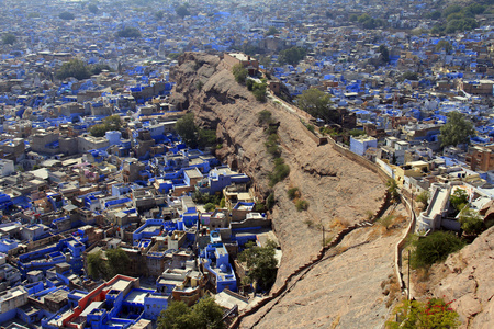 印度旅游 一般视图的 jodhpuri 蓝房子从堡