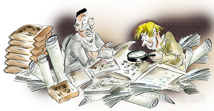 历史学家研究古代手稿和文物