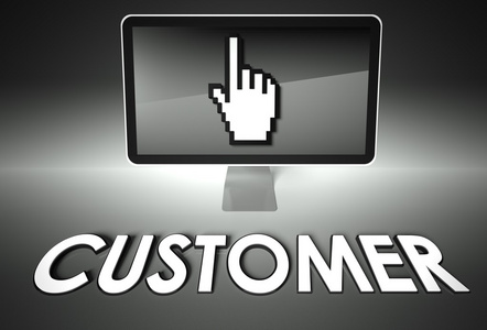 屏幕和手图标与客户，电子商务