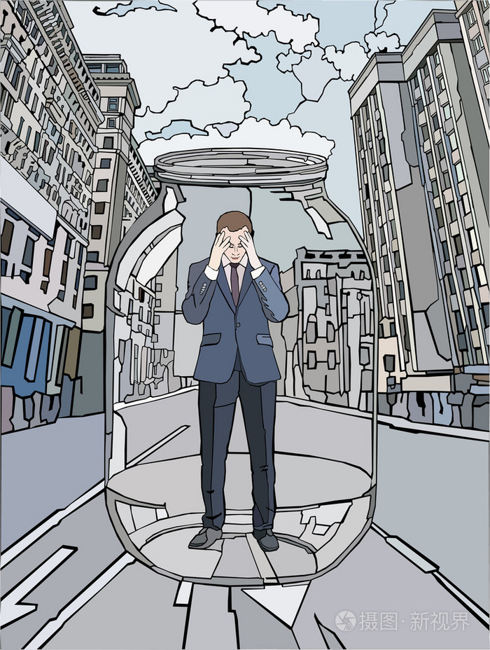 年轻的商人被困在一个玻璃罐子里