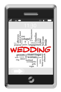 婚礼词云概念上的触摸屏手机
