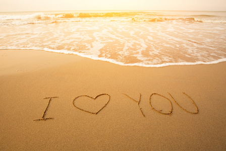 我爱你由手砂海滩上，与蓝色的波浪中写入的文本