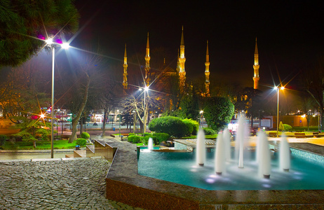 夜视图到 sultanahmet 清真寺和喷泉