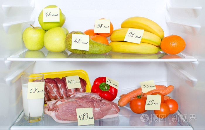 打开冰箱充分的水果 蔬菜和肉具有显著的卡路里