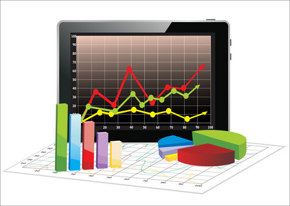 现实 tablet pc 计算机与电子表格和一份文件，3d 的统计图表