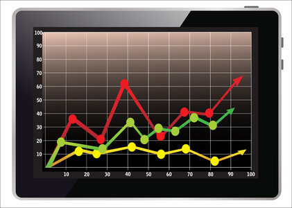 现实 tablet pc 计算机与业务图孤立在白色背景上。矢量