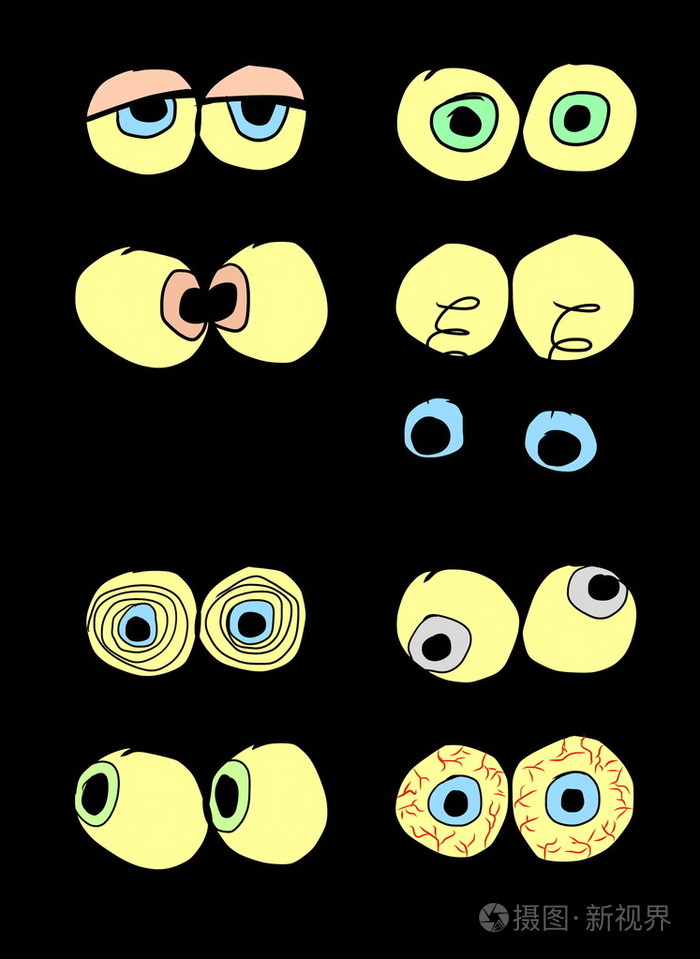 卡通眼睛孤立在黑色的涂鸦