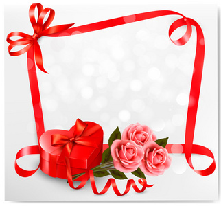 假日背景用红色心形礼盒和鲜花。v
