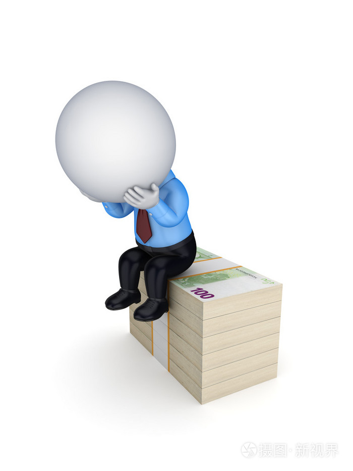 伤心的 3d 小人坐在一堆欧元