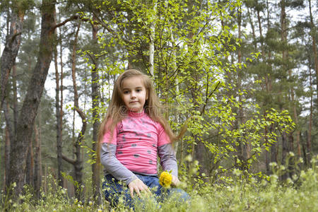 林子里坐在树桩上的女孩。