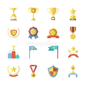 平面设计奖符号和奖杯图标集孤立矢量插图