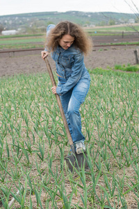 一个年轻的女人正在整理覆盆子芽