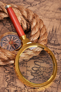 古代地图上的放大镜和指南针