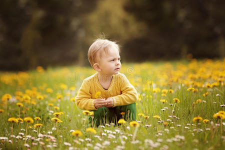 春草地上的小男孩
