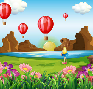 一个女孩看着漂浮的气球