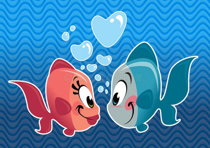 两只卡通可爱的小鱼情侣相爱了照片