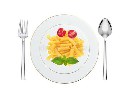 美味的意大利面加番茄和罗勒在盘子上隔离在白色
