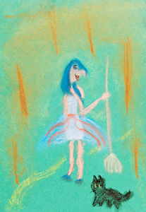儿童绘画拿扫帚的女巫