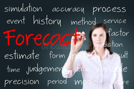 商业女性写作预测概念。蓝色背景。