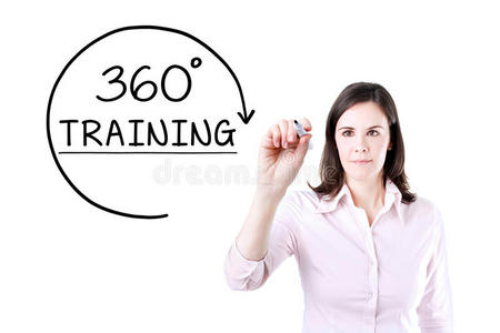女商人在虚拟屏幕上画出一个360度的训练概念。