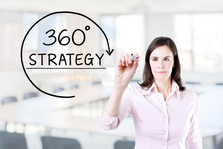 女商人在虚拟屏幕上画出一个360度的战略概念。办公室背景。