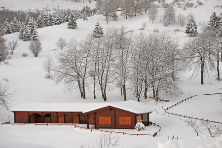 大雪后的阿尔卑斯山的木制别墅
