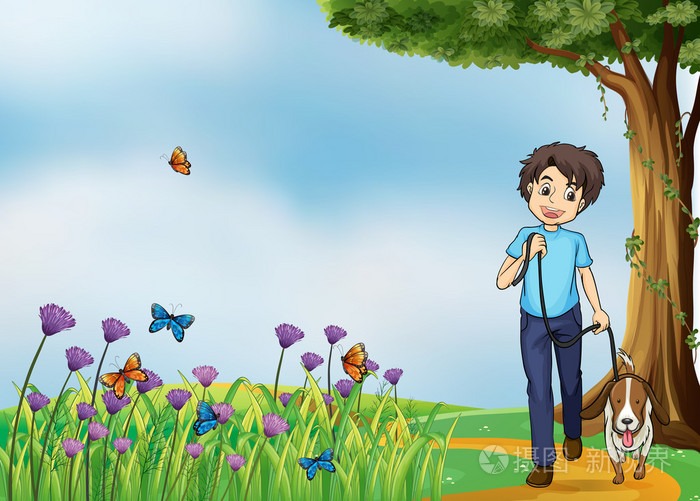 一个小男孩和他的宠物散步