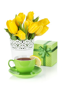 黄色郁金香 茶杯子和礼品盒