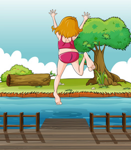 跳跃在木桥一个女孩