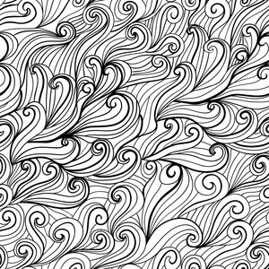 黑色和白色无缝抽象手绘的模式，看起来像头发或波浪