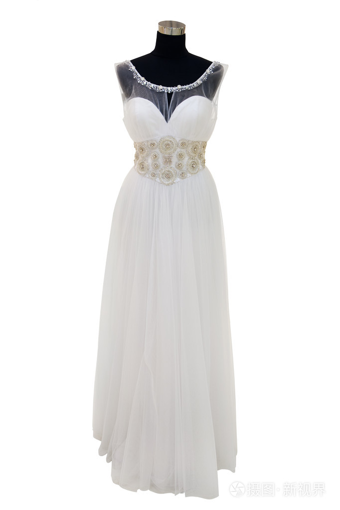 上一个人体模特,孤立在白色典雅婚纱礼服