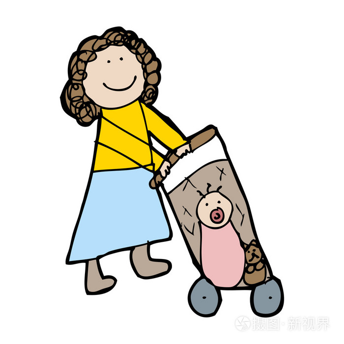 一个女人推婴儿车的绘图
