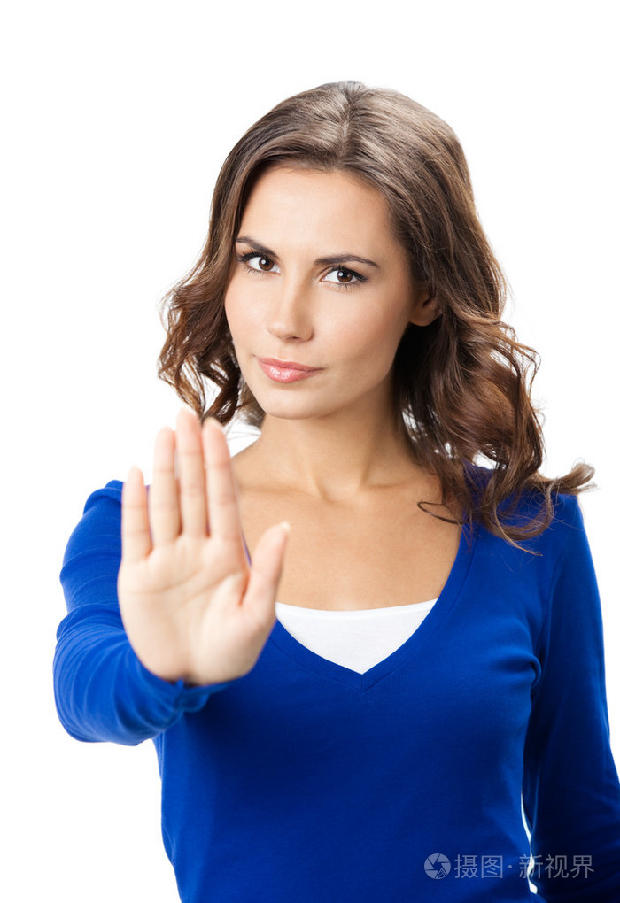 停止的手势孤立的严重女人