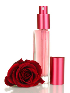 漂亮的瓶子里带着玫瑰上白色孤立的女性香水