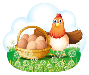 一只母鸡在篮子里的鸡蛋