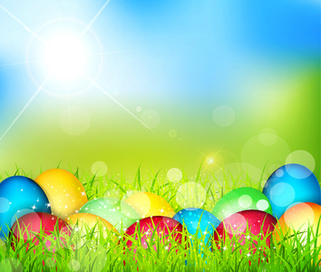 矢量绘复活节彩蛋躺在天空草地