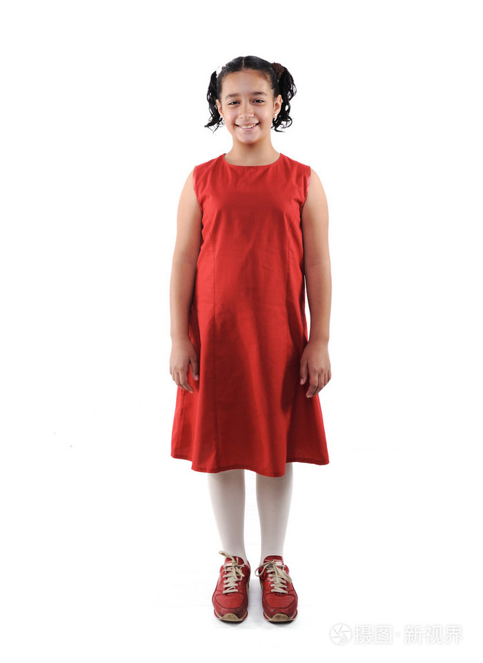 可爱的青春期学校的女孩身穿红色礼服孤立,构成