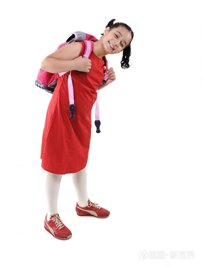 可爱的青春期学校的女孩身穿红色礼服孤立,构成