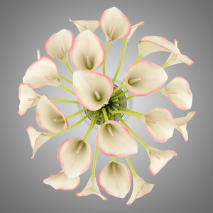 顶视图的孤立在灰色的玻璃花瓶马蹄莲百合花束照片