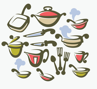 矢量烹饪设备 菜肴和食品的符号的集合