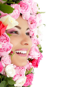 女人美容脸与花玫瑰相框