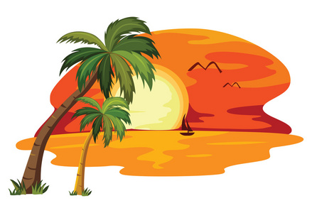 夏季日落的热带景观。矢量插画