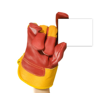 红色防护手套持有一个空的黑色框架，为您的文本