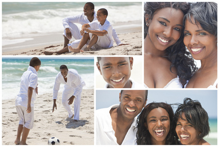 外海滩夏天的非洲裔美国家庭蒙太奇