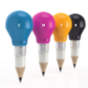 在 cmyk 颜色作为创意概念铅笔灯泡头