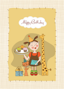 祝你生日快乐卡与风趣的女孩 动物和纸杯蛋糕