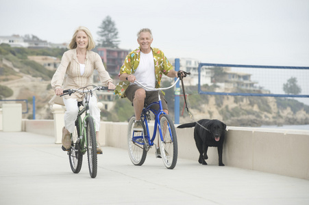 高级夫妇与一只狗骑自行车